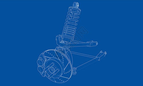 后悬架带减震器的汽车悬架 韦克托车轮金属机器服务蓝图震惊机械轮子圆柱螺旋设计图片