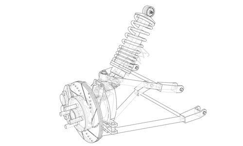 底盘维修带减震器的汽车悬架 韦克托线条绘画吸收器力学蓝图震惊运输轮胎机械圆圈设计图片