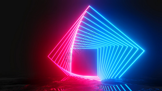 深色背景上发光的霓虹灯矩形安装插图游戏展示长方形地面照明光谱激光科学背景图片