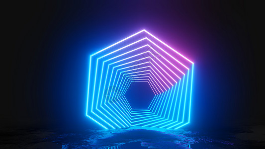 深色背景上发光的霓虹灯六边形网络展示安装插图俱乐部虚拟现实蓝色技术地面房间背景图片