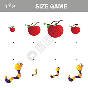 蠕虫游戏匹配儿童教育游戏 卡通蠕虫和苹果的匹配与大小插画