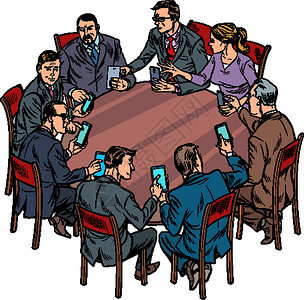 与男女商务人士会面 智能手机小技师技术研讨会男性成人工作合伙文档风暴生意人桌子商务背景图片