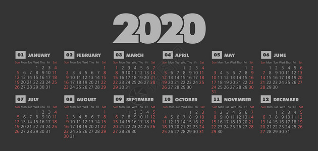 矢量日历 2020 年 星期从周日开始商业日程广告插图网格办公室季节日记规划师数字背景图片