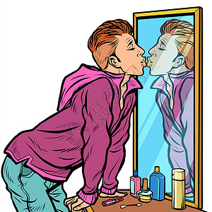 踌躇满志一个男人亲吻自己的倒影自恋自我自私性别吸引力反射男性浴室冒充艺术自恋者漫画商务插画
