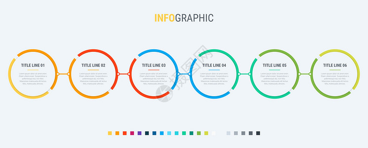 时间轴模板彩色图表信息图表模板 包含 6 个步骤的时间轴 业务的圈子工作流程 矢量设计项目圆圈技术社交商业数据报告网络收藏横幅插画