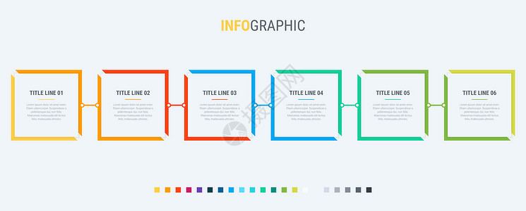 彩色流程背景彩色图表 信息图表模板 包含 6 个步骤的时间轴 业务的矩形工作流过程 矢量设计空白脚步一体化数据通讯技术项目商业工作正方形插画