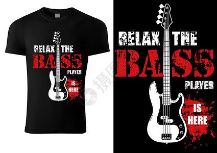 印有音乐标语和贝司吉他的 T 恤扇子装饰流行音乐口号重金属制作绘画版画岩石艺术插画