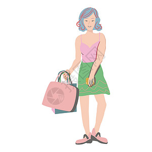 新款潮包有购物袋和智能手机的亚裔女孩 白色背景 插图插画