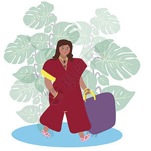 美丽的女孩在度假时带着大袋子散步 享受自由与旅行的概念背景图片