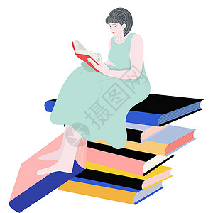 人和书 女孩坐在一堆书上看一册 阅读书籍 插图背景图片