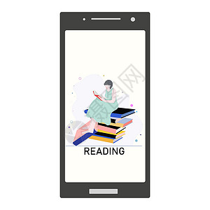 女孩阅读书籍的屏幕上有照片的智能手机 小玩具和书的概念 矢量插图背景图片
