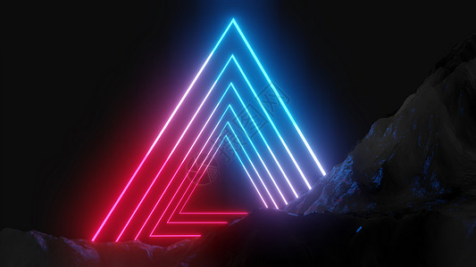 深色背景上发光的霓虹三角形墙纸线条房间反射激光游戏安装展示插图光谱背景图片