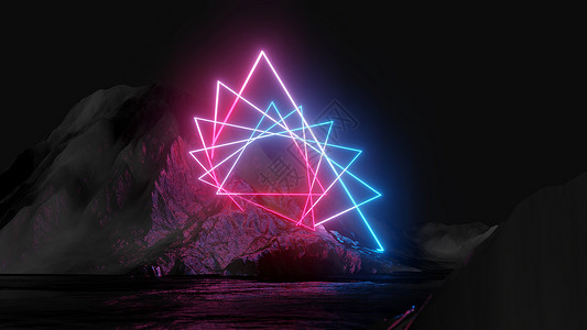 彩虹三角形深色背景上发光的霓虹三角形房间展示反射激光地面插图墙纸网络虚拟现实技术背景