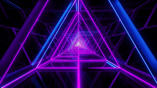 紫色三角形光效蓝色紫色三角铁丝网框架背景壁圆纸3d的抽象光亮玻璃渲染反光运动插图反射子三角形隧道背景