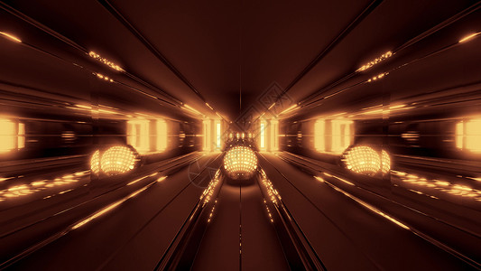 漂亮的金色发光球体与反射空间隧道背景 3d 渲染它制作图案反光运动墙纸艺术走廊太空插图辉光背景图片