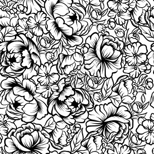 无缝模式与牡丹花的图画玫瑰植物群艺术草图植物异国花园牡丹绿色叶子背景图片