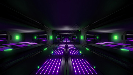 绿色紫色灯光3d 插图壁纸背景的黑色深黑空间过滤隧道墙纸飞艇科幻艺术房间走廊场景对比度渲染辉光背景图片