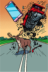 鹿车司机被智能手机分散了注意力 汽车坠毁;车失灵插画