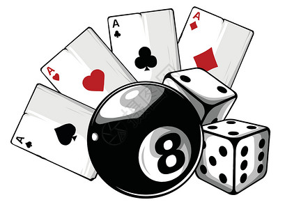 扑克筹码白色背景上带有八号球的王牌扑克牌水池钻石爱好财富运动投注线索挑战竞赛扑克插画