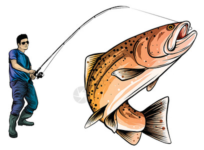 三文鱼矢量矢量的钓鱼设计 渔夫在波浪中抓船运动野生动物男人投掷动物插图卷轴蓝色垂钓者乐趣插画
