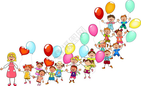 日间照料中心孩子们散步时带着气球玩得开心插画