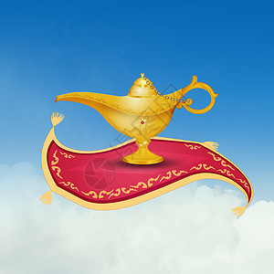 阿拉丁飞毯飞地毯上的阿拉丁灯快乐寓言飞毯天才欲望金子飞行插图艺术文化背景