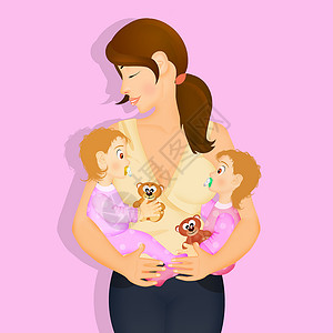 育有女双胞胎婴儿的母亲怀孕明信片儿子孩子粉色女性女孩营养插图母性背景图片