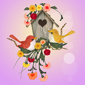 鸟窝插图房子山雀花瓣树叶鸟巢动物翅膀花朵背景图片
