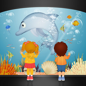 可爱女孩与海豚孩子们在水族馆里看着海豚插图藻类气泡男生动物蓝色玻璃卡通片盐水生物学背景