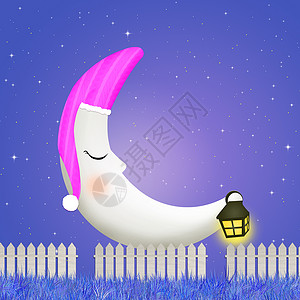 月亮加夜帽栅栏星星插图卡通片快乐灯笼睡眠耳机睡帽羊毛背景图片
