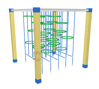 操场图攀爬栅栏和环 3D插图游乐场白色绿色蓝色时光孩子酒吧黄色学校精加工背景