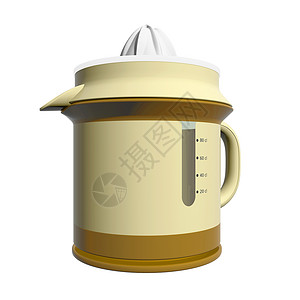 组合榨汁机和水罐棕色和黄色塑料 3D i投手果汁厨具服务商品厨房白色背景图片