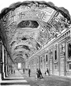 卢浮宫的阿波罗画廊 古代雕刻房间天花板绘画插图历史蚀刻艺术大厅参展商古董背景图片