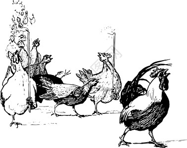 投诉复古它制作图案雕刻黑色插图白色鸡翅狐狸艺术母鸡绘画团体背景图片