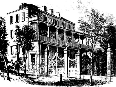房子复古插画插图艺术雕刻绘画白色黑色阳台背景图片