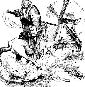堂吉诃德古董插图绘画白色艺术雕刻黑色风车骑士插画