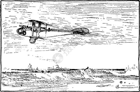 海岸上空的飞机飞行 古董插图背景图片