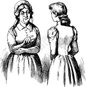 两位妇女对话 陈年插图白色雕刻艺术绘画黑色背景图片