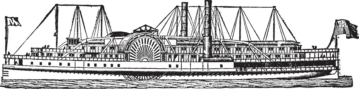 美国河蒸汽船 古董插图背景图片