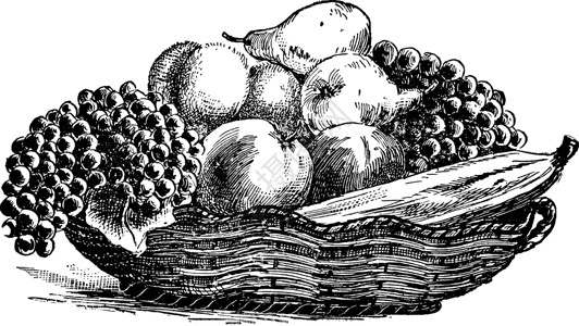 水果篮复古插画插图篮子雕刻绘画黑色艺术白色香蕉背景图片