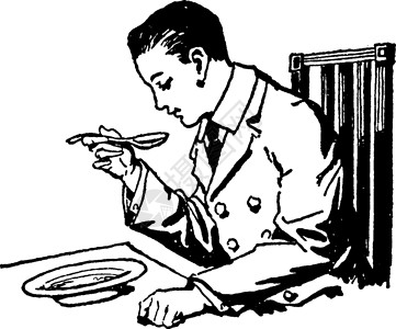 男子在餐桌上喝汤制作图案复古插画