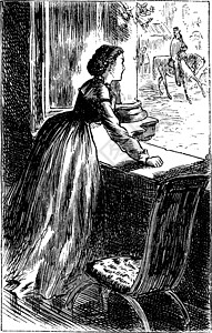 女人望着窗外复古它制作图案雕刻窗户黑色绘画艺术白色插图背景图片