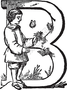 字母复古图案孩子艺术白色黑色绘画插图雕刻蝴蝶背景图片