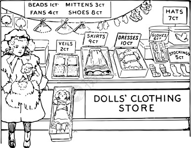 儿童买洋娃娃服装古董插图背景图片