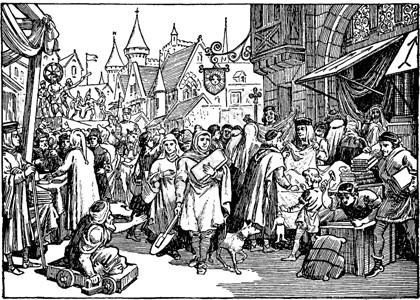 13 世纪法国复古插画中的街头集市背景图片