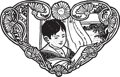 男孩阅读 装饰横幅 古典雕刻背景图片