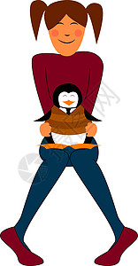 抱着企鹅女孩一个在大腿 向量或颜色插图上有企鹅的女孩插画