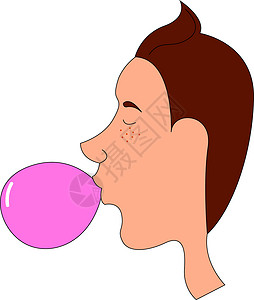 粉色泡泡糖白色背景上嚼口香糖的男孩插画矢量设计图片