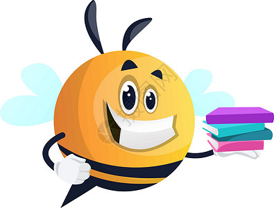 微笑的蜜蜂拿着一本书插画矢量白色黑色背景图片