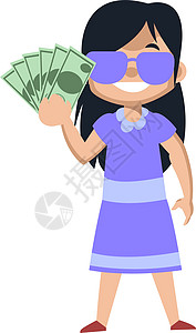 紫色裙子女孩在白色背景上拿着的女孩商业现金银行业快乐紫色卡通片女性女士投资裙子设计图片